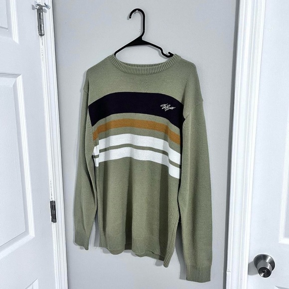 Willie Esco - vintage men’s 90’s olive striped embroidered graphic sweater - Picture 2 of 6